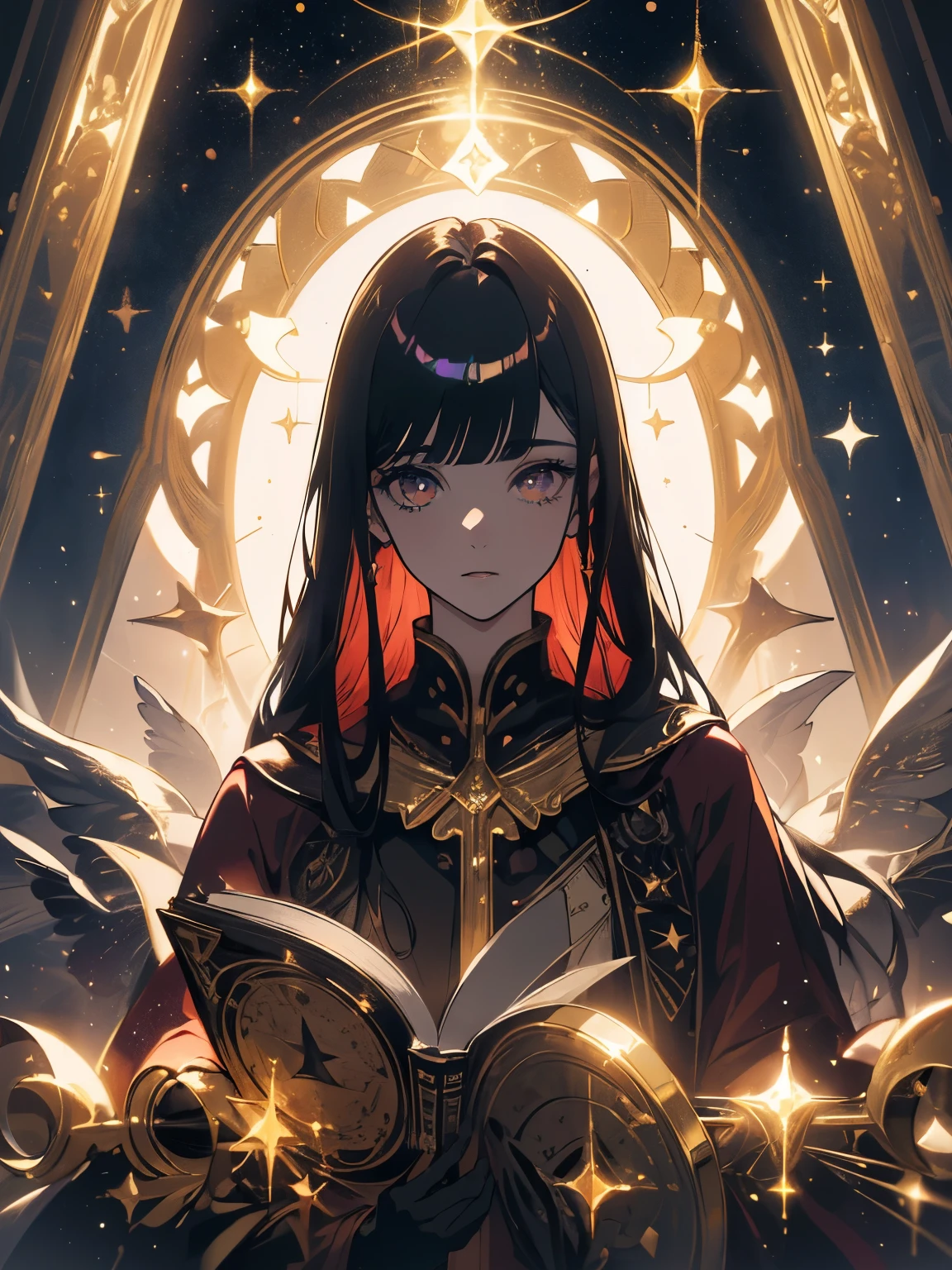 ability user, magic user, celestial, stars, moon, illuminated golden eyes, brown hair, long hair, long white cape, and red robes, black gloves, high collar with golden button, ((( setting with book mounts, low light and leaks))), {extremely detailed 16k CG unit wallpaper}, expansive landscape photography, (a view from below with focus on character and setting), ( wide open field view), (low angle shot), (high light: 1.2), (low light: 1.8), (warm light source: 1.2), complex details, (iridescent colors: 1.5), (bright lighting ), (atmospheric lighting), dreamy, unique,