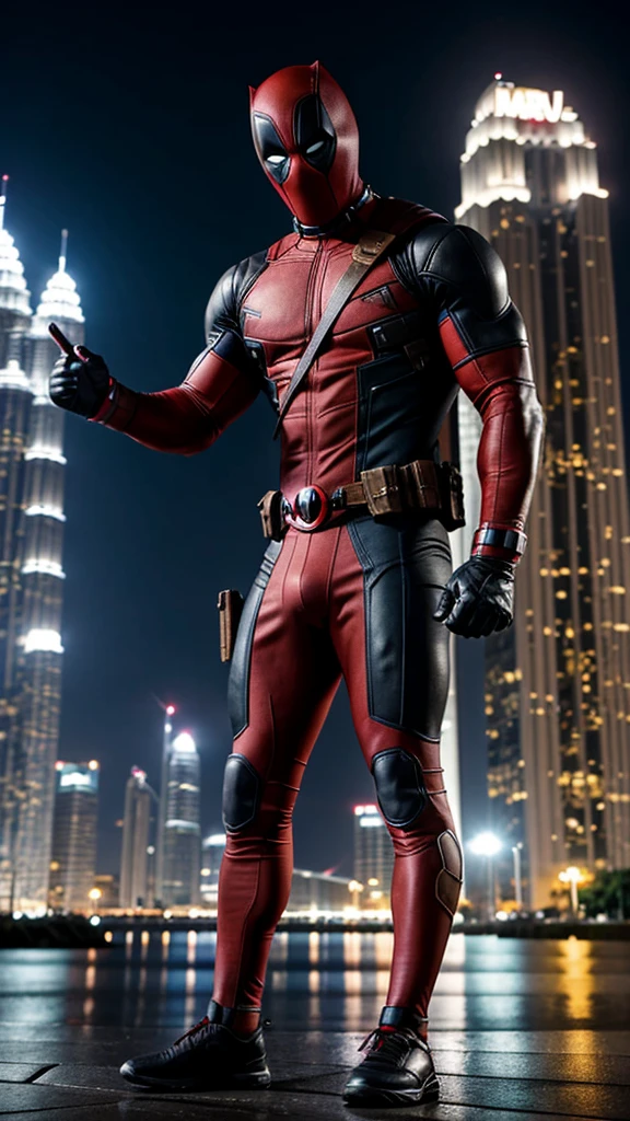 Marvel anti hero Deadpool, Muscular, nice abs and biceps, noticeable nice bulge in crotch area, in Kuala Lumpur city background at night, cinematic photography, UHD, HDR