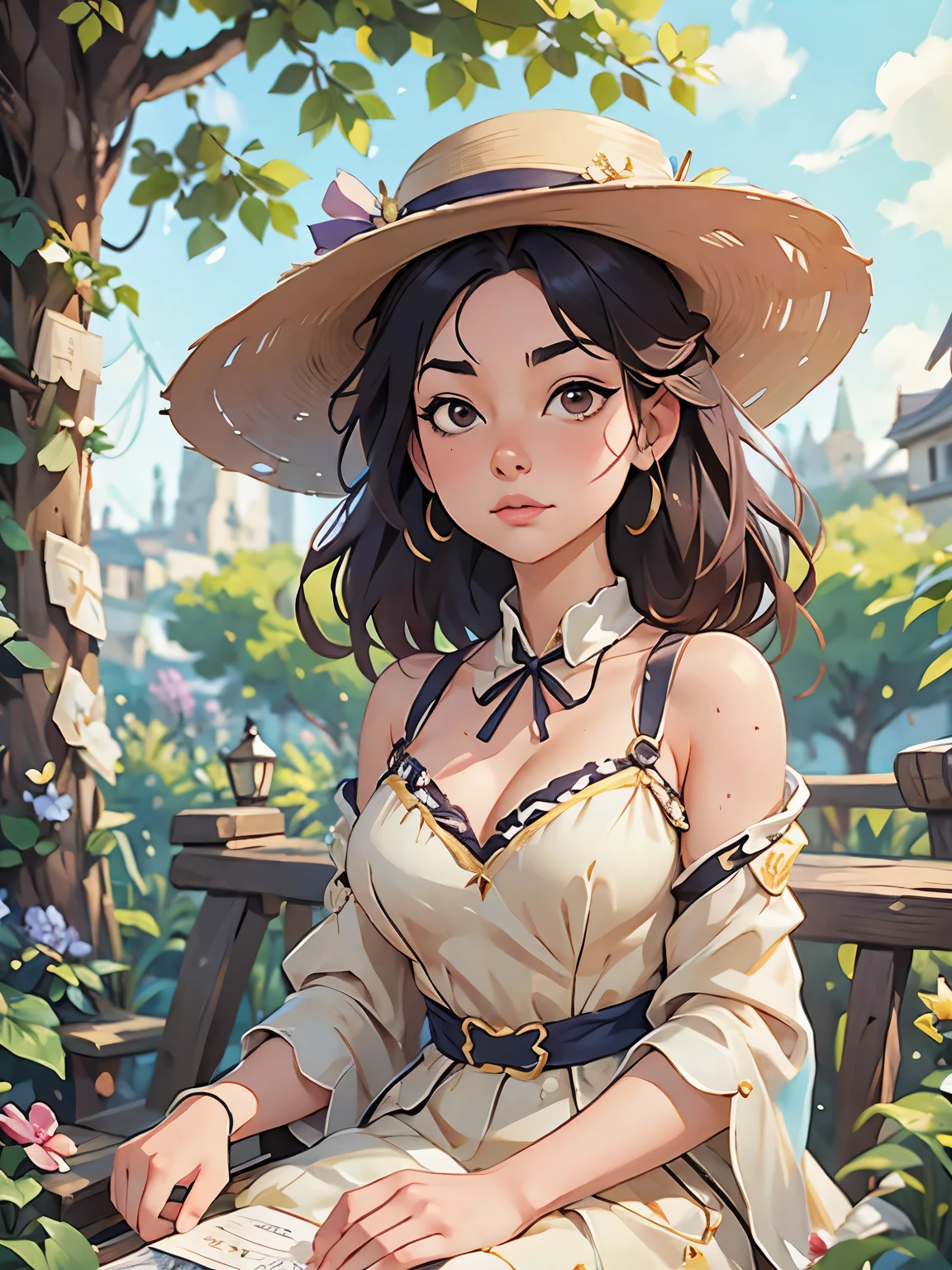 painting of a woman in a dress and hat sitting in a garden, an anime drawing by Yang J, Artstation, fantasy art, artwork in the style of guweiz, ”beautiful anime woman, beautiful character painting, beautiful anime portrait, made with anime painter studio, guweiz on artstation pixiv, beautiful anime woman