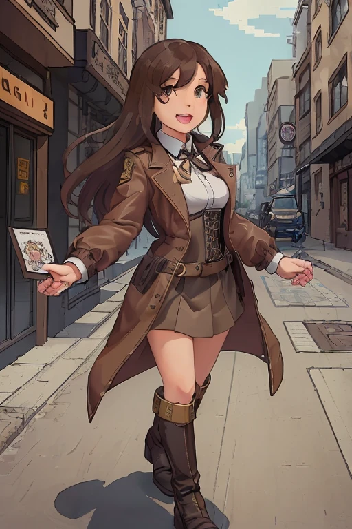 masterpiece, best quality, highres, hmsl1, long sleeves, open clothes, sleeves past wrist, black leather mini-skirt, white shirt and corset on, high boots, long detective coat, small breast, cowboy shot, outdoors, street, standing. a cartoon picture of a woman walking down a street, a character portrait, by Kamagurka, pixel art, steampunk inventor girl, girl with brown hair, girl wearing leather uniform, ecchi anime style, girl with warship parts, (sfw) safe for work, hagrid in cute anime style, manga book anime style, long detective coat