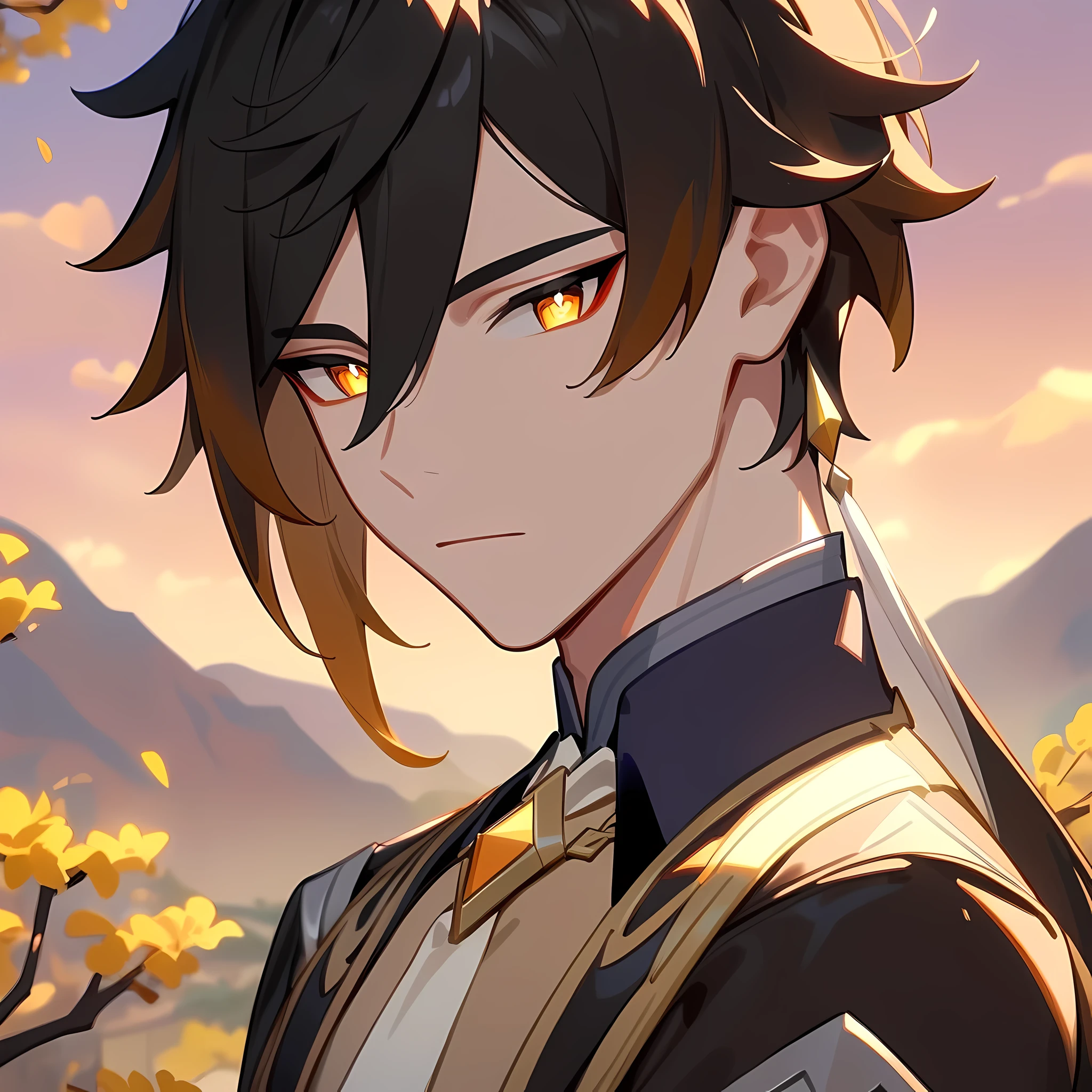 (masterpiece),best quality,very aesthetic,absurdres,1boy, zhongli, genshin impact, solo, waist up portrait, guweiz, intense gold eyes, by aoi nanase, cel shading, chinese fantasy background, liyue, mountains, contemplative, thoughtful, calm, serene, facing viewer, red eyeliner, ultra-detailed eyes, volumetric lighting, sunset, golden illumination, rich saturated colors