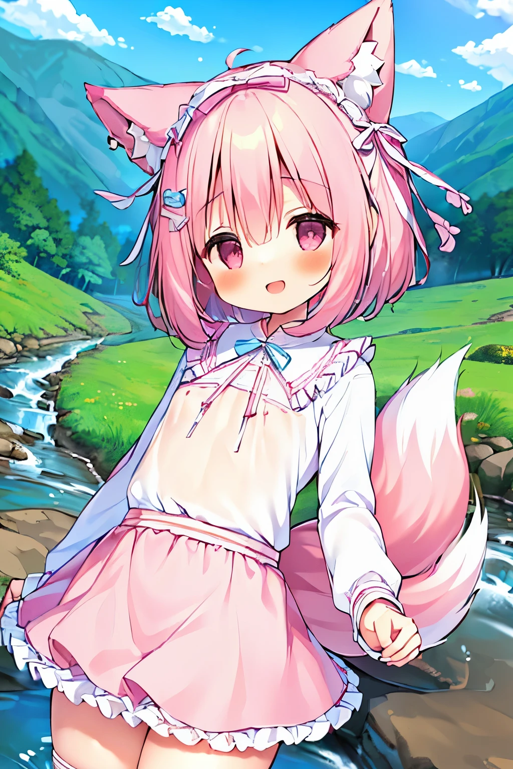 (((masterpiece))), (((最high quality))), (((high quality))), (((beautiful))), (((8k))), (((High resolution)) (((超High resolution))), (((High resolution))), (((Superb illustrations))), (Pink Short Hair:1.3), (Pink fox tail:1.4), (Pink fox tail:1.2), Pink fox ears, (Pink Eyes), (super small breasts:1.5), (Ultra-flat chest:1.4), (Cowboy Shot:1.3), (Cowboy Shot:1.4), (laughing:1.3), (White long sleeve blouse:1.4), (White Skirt:1.4), (frills and ribbons:1.5), (In the mountains:1.3), (stream:1.5)