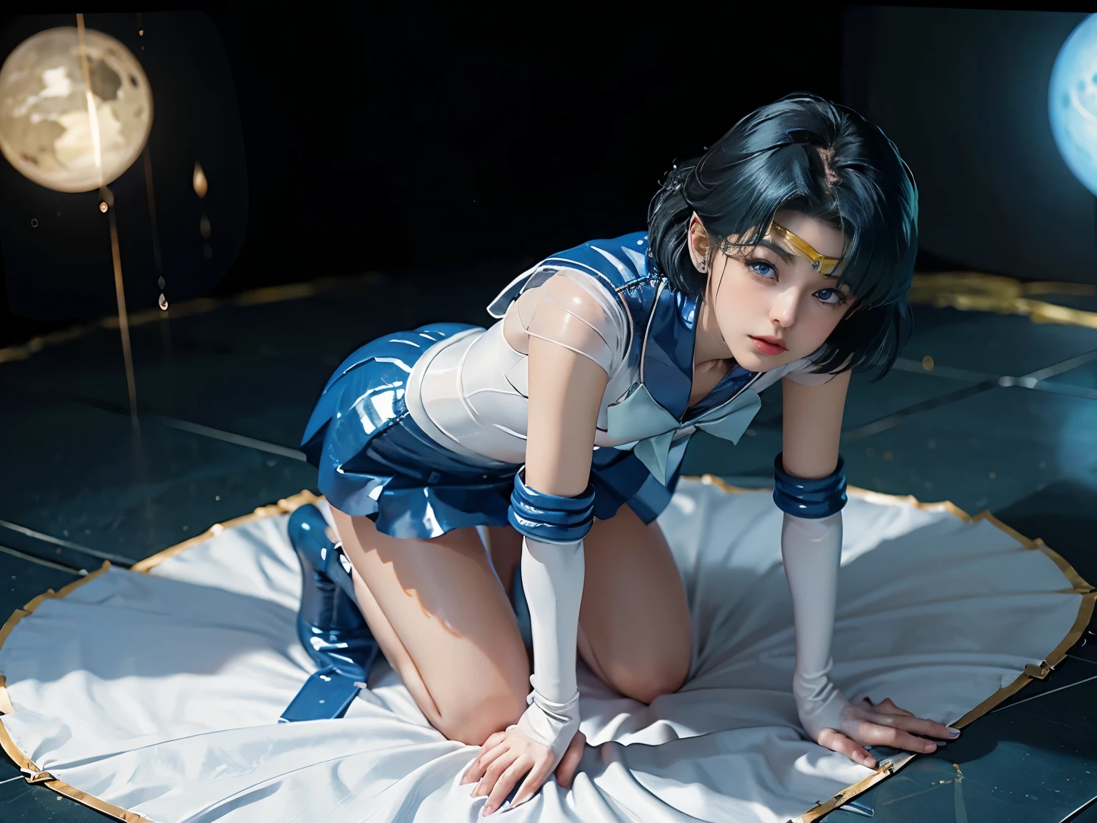 highest quality，masterpiece，Ultra-high resolution, Very detailed, 8k，(Beautiful woman)，one person，40 years old, (Sailor Mercury), (Facial details, Bright Blue Eyes, Beautiful Face, Beautiful Eyes, Shining Eyes, Thin lips, Thin, sharp, pale eyebrows, Long, black eyelashes, Long and thick lower eyelashes, double eyelid), debtわdebtわの青い髪, ((Blue sailor collar, Very tight and shiny uniform)), ((Long white latex gloves,Beautiful female hand in white latex gloves)),Shiny blue latex knee-high boots, Stiletto heels,Blue choker、Blue gloves on elbows, Beautiful blue pre-gated mini skirt, Blue Collar, golden tiara,Earrings)),Luxury gold jewelry, skinny, Large Breasts, Perfect Proportions, Narrow waist, Visible pores, Beautiful shiny dark blue hair, Perfect hands, High leg swimsuit, High gloss holographic leather for a snug fit,Octane Rendering，Get on all fours，Get on all fours，Kneeling position，Sticking out tongue，Drooling，Dripping saliva，Kamimei， Surrealism, debt/1.2, debtuji debtilm, 35mm, 8k, Super Detail, んdebtdebt