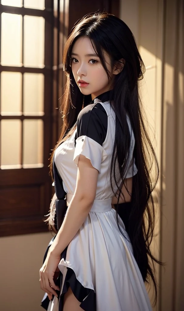 Master's work, a lovely 20-year-old Chinese girl, big eyes, orange lipstick, black hair, soft long hair ponytail, wearing a dress with blue and white porcelain elements, half picture, half photo, front photo, wooden wall background, hair all displayed, the overall classical style, exquisite and clear features, super realism + realism + HD + high-resolution, In the sunny bedroom, sacred movie edge lighting + volume light + surface light, depth of field + smoke, Hasselblad X2D 100C, anime 