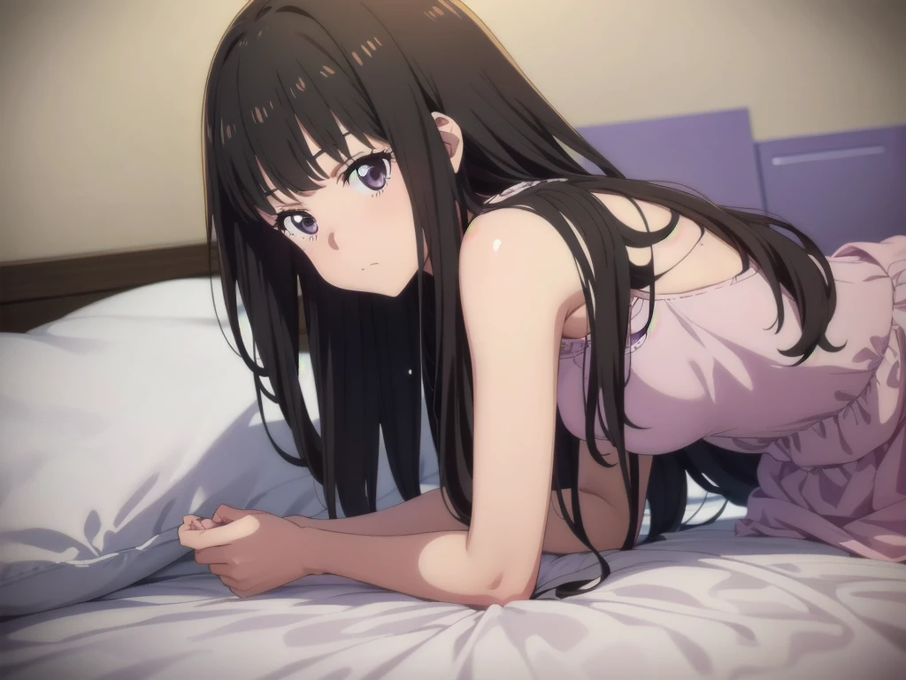 (((Pixel Perfect, Perfect detail))), ((alone, 1 girl)), takina inoue, Looking at the audience, Shut your mouth, (Lie face down on the bed:1.3), (full Body)