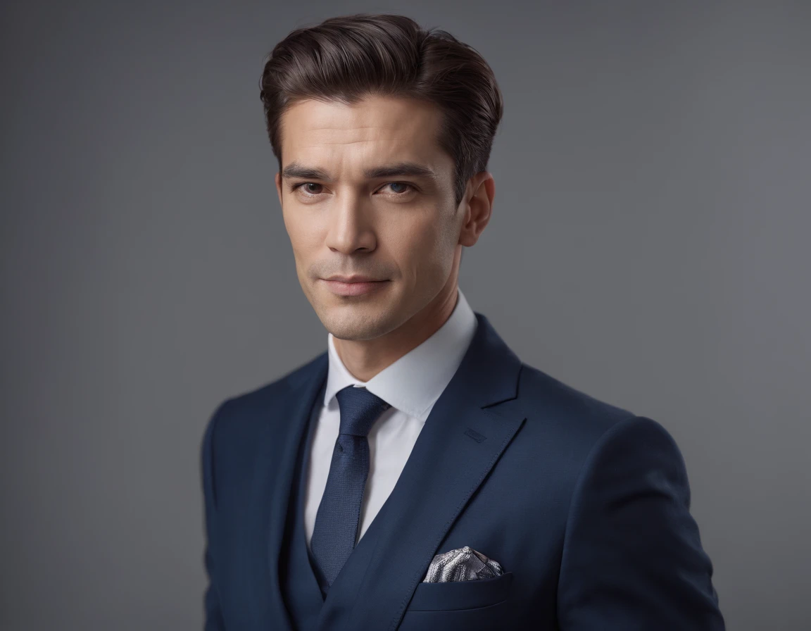 businessman, masterpiece, high quality photography, ((half body)) ((perfect anatomy)), mature man in exclusive dark blue suit, modern and stylish haircut, (sales expert). no background, PNG format