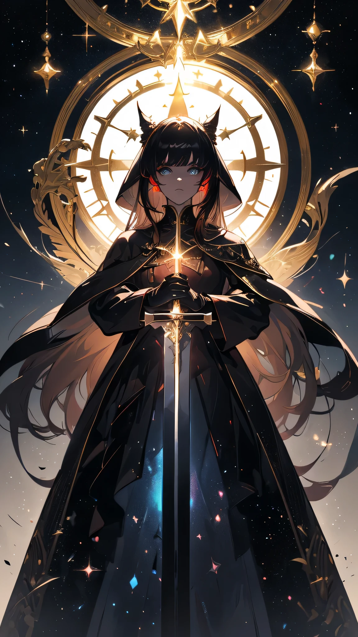 ability user, magic user, celestial, stars, moon, illuminated golden eyes, brown hair, long hair, long white cape, and red robes, black gloves, high collar with golden button, holding a weapon, holding a sword, ((( setting with sword mounts, low light and leaks))), {extremely detailed 16k CG unit wallpaper}, expansive landscape photography, (a view from below with focus on character and setting), ( wide open field view), (low angle shot), (high light: 1.2), (low light: 1.8), (warm light source: 1.2), complex details, (iridescent colors: 1.5), (bright lighting ), (atmospheric lighting), dreamy, unique,