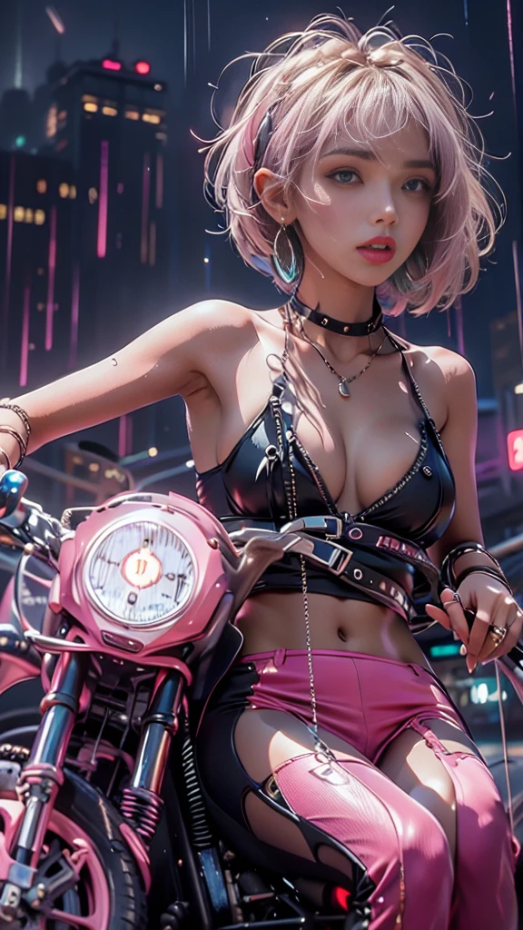 (Realistic:1.3, 16k, highest quality, masterpiece, Ultra-high resolution), ((light rain, From below)), Perfect dynamic composition:1.2, (Modern futuristic city at night, Expressions of sadness:0.5, ride a bicycle), Highly detailed skin and facial textures, Young Japanese Woman, Incredibly slim body, Fair skin, Sexy beauty, Very beautiful face, Beautiful and aesthetic, (Pink tight skirt, Wear cyberpunk clothes), (Shapely breasts, Chest gap), (Big eyes that exude beautiful eroticism, Lips that exude beautiful eroticism), necklace, Earrings, bracelet, wedding ring, Shoulder bag, clock, sunglasses, Motorbike, Cowboy Shot