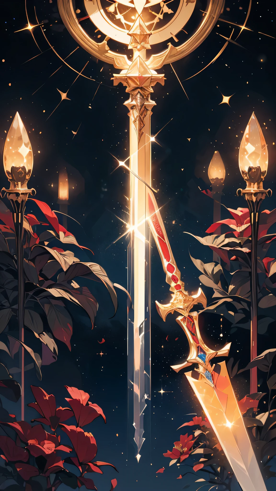 ability user, magic user, celestial, stars, moon, illuminated golden eyes, brown hair, long hair, long white cape, and red robes, black gloves, high collar with golden button, holding a weapon, holding a sword, ((( setting with sword mounts, low light and leaks))), {extremely detailed 16k CG unit wallpaper}, expansive landscape photography, (a view from below with focus on character and setting), ( wide open field view), (low angle shot), (high light: 1.2), (low light: 1.8), (warm light source: 1.2), complex details, (iridescent colors: 1.5), (bright lighting ), (atmospheric lighting), dreamy, unique,