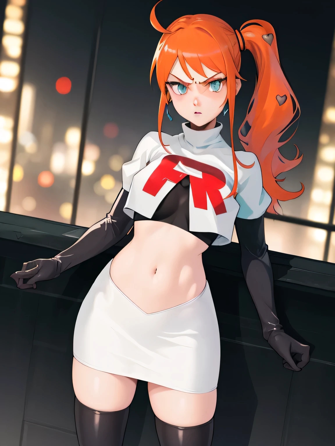 (best quality,4k,8k,highres,masterpiece:1.2),ultra-detailed,realistic,photorealistic:1.37, vibrant colors, studio lighting, bokeh, portrait,team rocket, team rocket uniform, red letter R,white skirt, white crop top, black thigh-high boots, black elbow gloves,zettai ryouiki glaring angrily,anime style, vivid colors, sharp focus, intense lighting,1girl, solo ,sonia, side ponytail,orange hair, heart hair ornaments, aqua eyes ,glossy lips, earings 