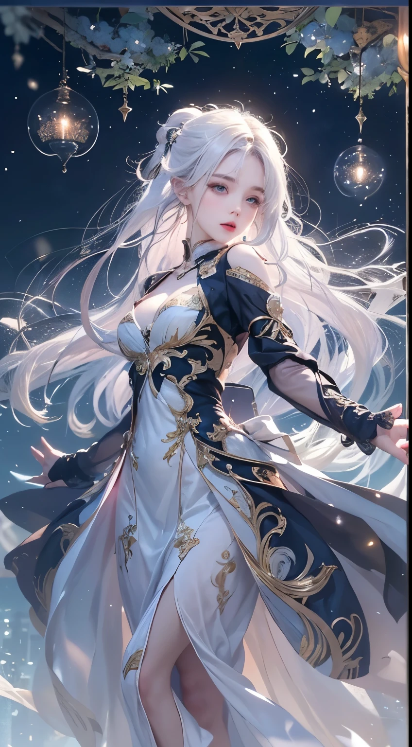 star,(White Hair Girl:1.5),((masterpiece))、(detailed:1.4)、((breast enhancement、Upper body photo、Close-up:1.1))、(Backlight)(Night scene、A fantastic atmosphere、Ancient capital、Amazing beauty images,One Woman、white dust、Light and dance-like、Suspended particles), (Black Costume、Feathered Robe with Sleeves、Clothing that widens towards the hem、Exposing shoulders、Off the shoulder)、(Gray hair that changes with light、length, Lustrous gray hair、WHITE hair fluttering in the wind、Beautiful Bangs:1.3)、(Beautiful white and shining skin、Cheek gloss highlight、Sexy and very beautiful and adorable face、The most beautiful face in the world、big, Sparkling blue eyes)、(Cute 25 year old girl、Ample breasts、Great cleavage and a tiny waist、Delicate shoulders、Balanced figure)、Woman in costume on stage、Whole body xylose, flowing robe,Angel's Feather Robe Wonderful Fantasy, elegant and charming cosplay、ru_qun