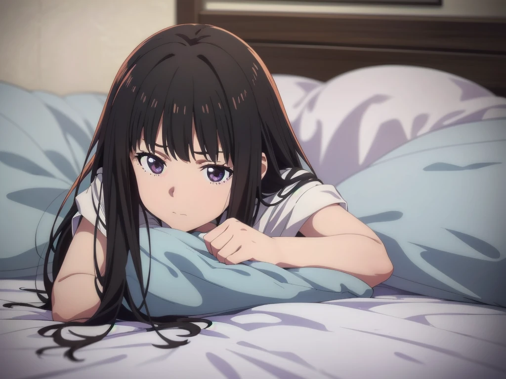 (((Pixel Perfect, Perfect detail))), ((alone, 1 girl)), takina inoue, Looking at the audience, Shut your mouth, (Lie face down on the bed:1.3), (full Body)