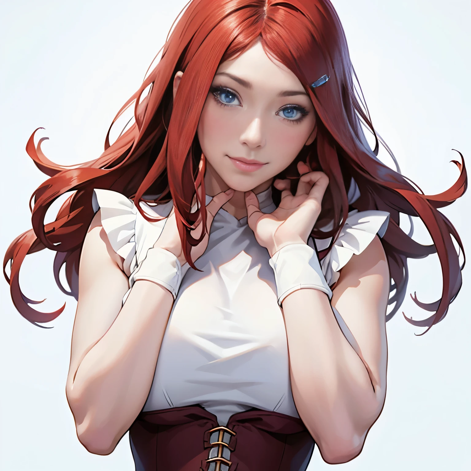 Kushina, prostitute, best quality: 1.1, 1 girl, (blue eyes), detailed blue eyes, well-aligned eyes, extremely detailed face, blushing cheeks, perfect face symmetry, smiling, embarrassed, (kunoichi clothes), BREAK intricate details on hands, intricate details on fingers, (huge) breasts, crimson hair, detailed hair, long hair, defined figure, thick muscular legs, small defined waist, voluptuous body, lascivious woman, nymphomaniac woman, dynamic pose, Interacting, ((simple white background): 1.5)