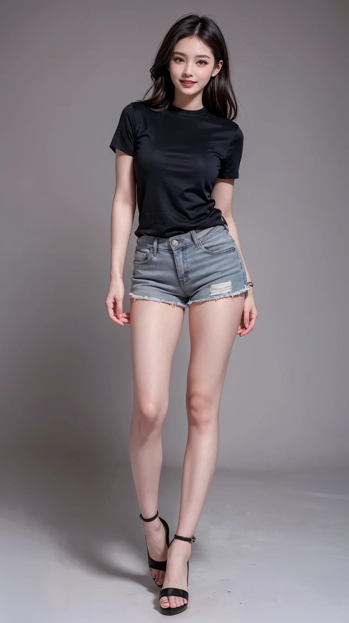 highest quality,masterpiece,Ultra-high resolution,Original photo,Ultra-high resolution,Beautiful woman 25 years old woman'Fashion that was popular in the 1990s,Long legs:1.5,Shorts,Full Body,Flashy makeup using red eyeshadow,Big smile,Short cut with subtle side waves,Gray background,