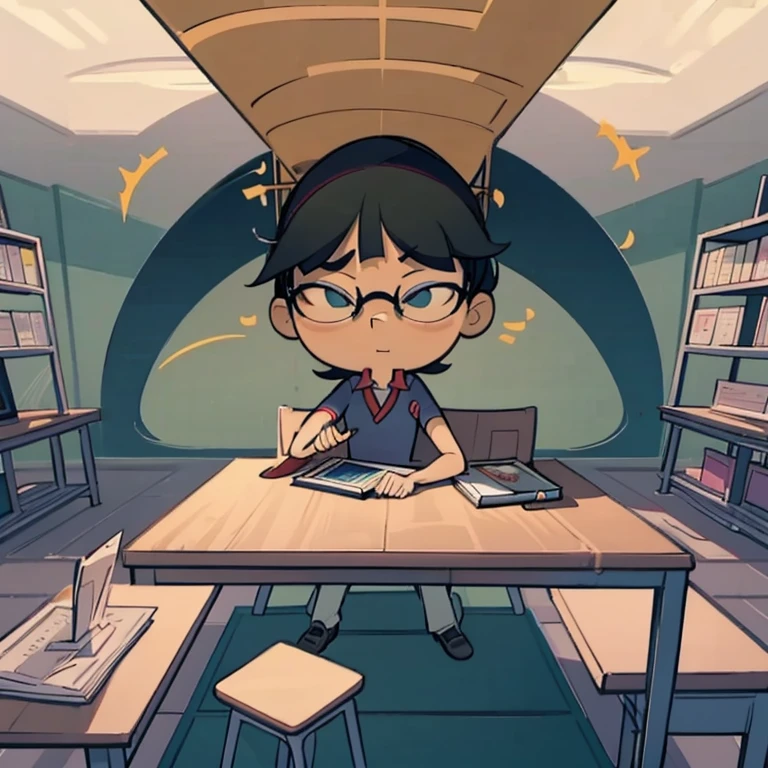 On the left is a mother doing Tai Chi，Knock tablets and phones down in the air，On the right is a junior high school student sitting at a desk studying and reading.，He is wearing a school uniform，Wearing heavy glasses，There is a tall pile of books on the table，Dull eyes。