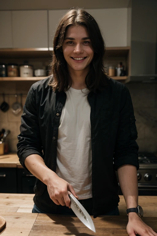 Masculine boy , knife in his hand, smiling like a killer, horror in his background and have lettering SEVEN NIGHTS
