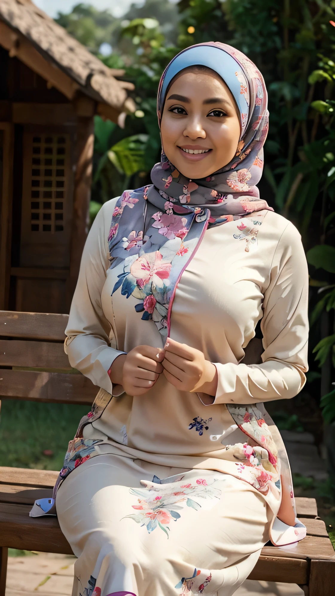Best quality, high resolution, masterpiece: 1.3), beautiful curvy fit body Malay girl in hijab,((wearing tight fit soft  baju kurung floral design)) , big gorgeous eyes, big smile,village,wooden house, ((bokeh)),Excellent lighting, Bright colors, Clean lines, ((bokeh)),huge thighs, super detail realiistic,flirt with a camera, happy, sit on bench