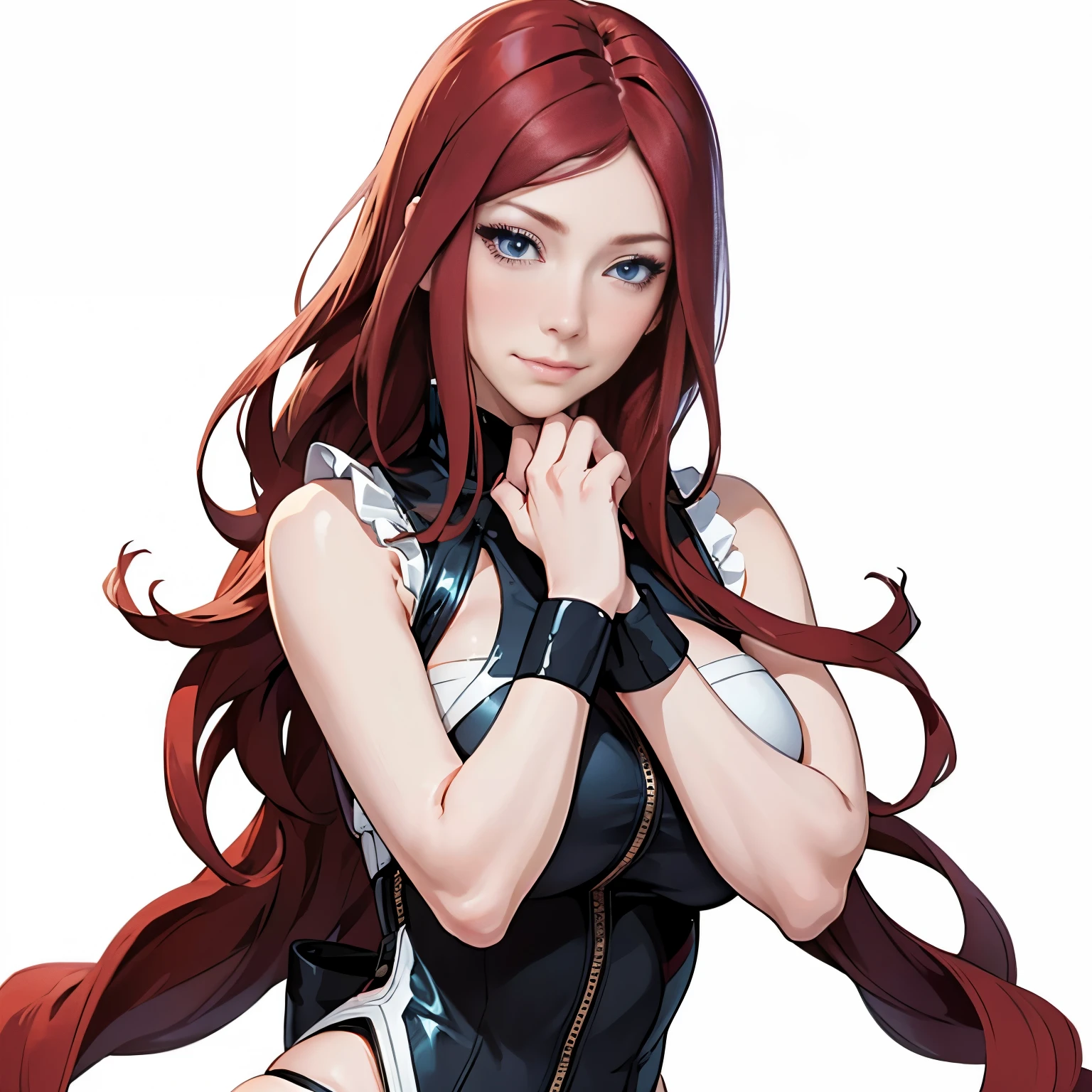 Kushina, prostitute, best quality: 1.1, 1 girl, (blue eyes), detailed blue eyes, well-aligned eyes, extremely detailed face, blushing cheeks, perfect face symmetry, smiling, embarrassed, (kunoichi clothes), BREAK intricate details on hands, intricate details on fingers, (huge) breasts, crimson hair, detailed hair, long hair, defined figure, thick muscular legs, small defined waist, voluptuous body, lascivious woman, nymphomaniac woman, dynamic pose, Interacting, ((simple white background): 1.5)