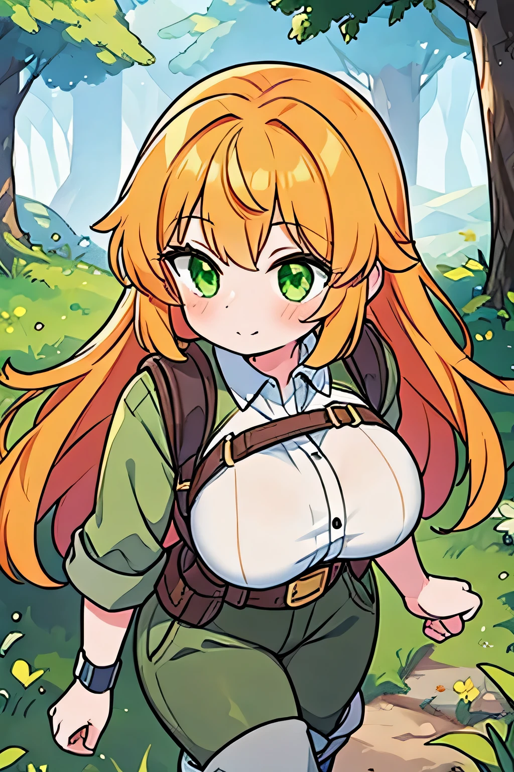 1girl, cute girl, Alex from Minecraft, (solo), (Orange hair), (slightly messy hair), (Lush, Thick, long hair), Beautiful Green eyes, ((Gigantic Breasts)). Wearing a (worn Green Tunic), (worn DarkBrown Pants), and (Grey Boots). Walking on a trail in a Forest, with a happy and focused facial expression. ((detail face)), 8k, super detail, masterpiece, high quality, high resolution, high detail, high face detail, HD quality, very cute, bright, she is hiking on a Forest trail in the mountains.