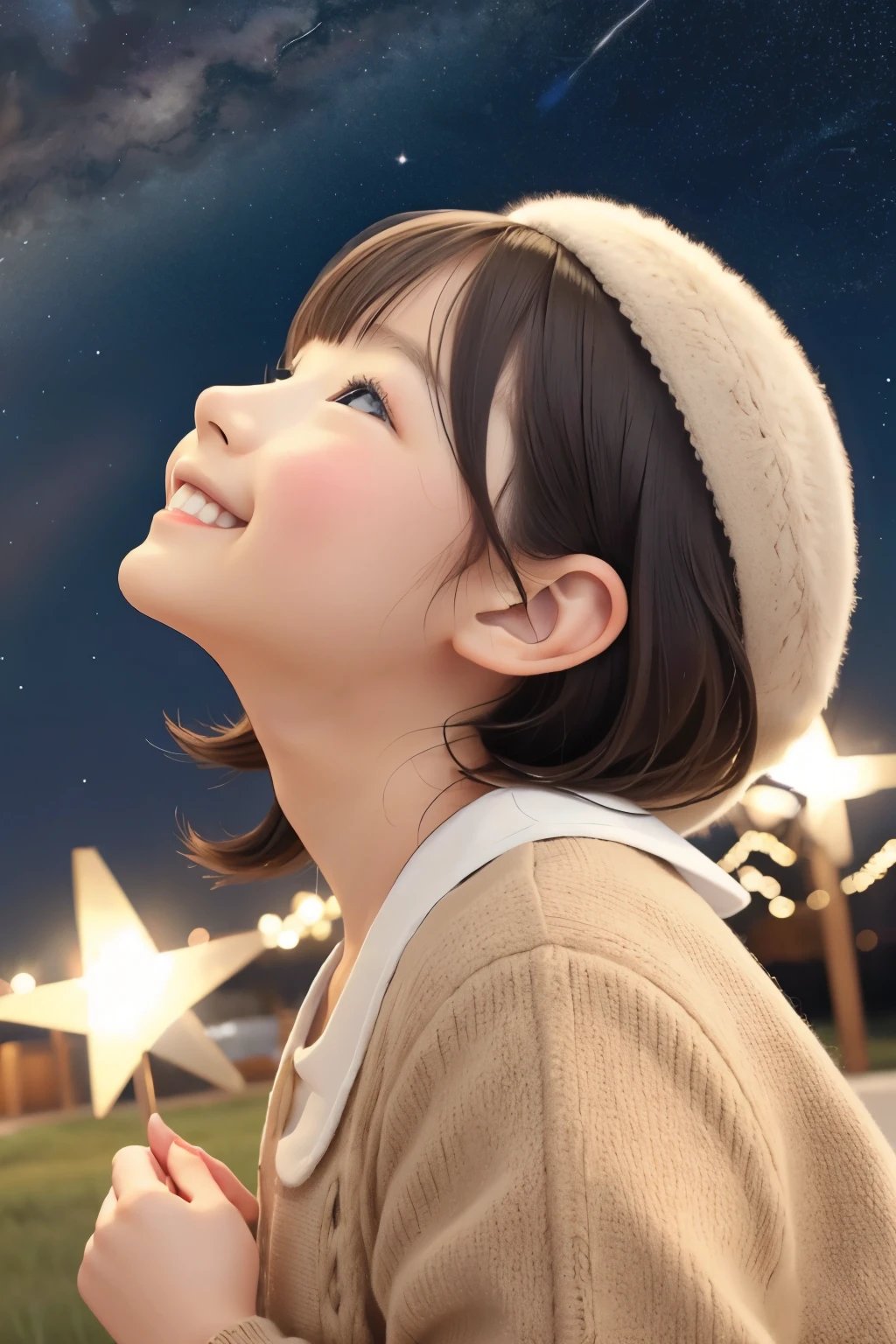 The following scenes are depicted using a chibi girl doll.(Photorealistic、Looking up at the stars in the night sky、hat、smile、Shoot from the side)