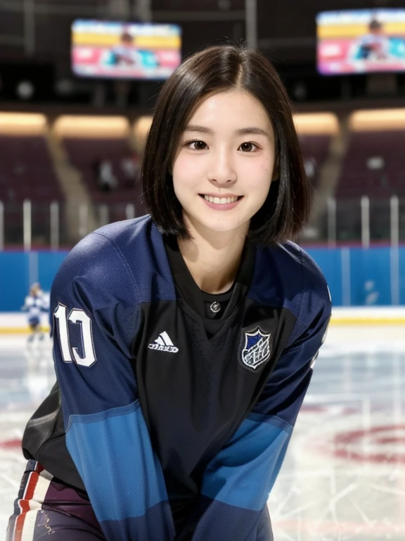 (kawaii 24year-old Japanese girl, Nogizaka idol, Korean idol), female ice hockey player, (glossy black hair, very short hair:1.3), (rounded face, black eyes, single eyelid, no makeup, soft smiling:1.2), (wearing long sleeved ice hockey jersey:1.5), ice hockey gloves, ice hockey helmet, (flat chest, extra small breasts:0.8), (looking at viewer:1.2), BREAK, (skating at ice skate arena, active atmosphere:1.3), (view from forward, bust shot, face focus:1.3), BREAK, (masterpiece, best quality, photo realistic, official art:1.4), (UHD, 8K quality wallpaper, high resolution, raw photo, golden ratio:1.3), (shiny skin), professional lighting, physically based rendering, award winning, (perfect anatomy, highly detailed skin, extremely detailed face and eyes:1.2), Carl Zeiss 300mm F/2.8, depth of field, 1girl, solo, nhl player, national hockey league player,
