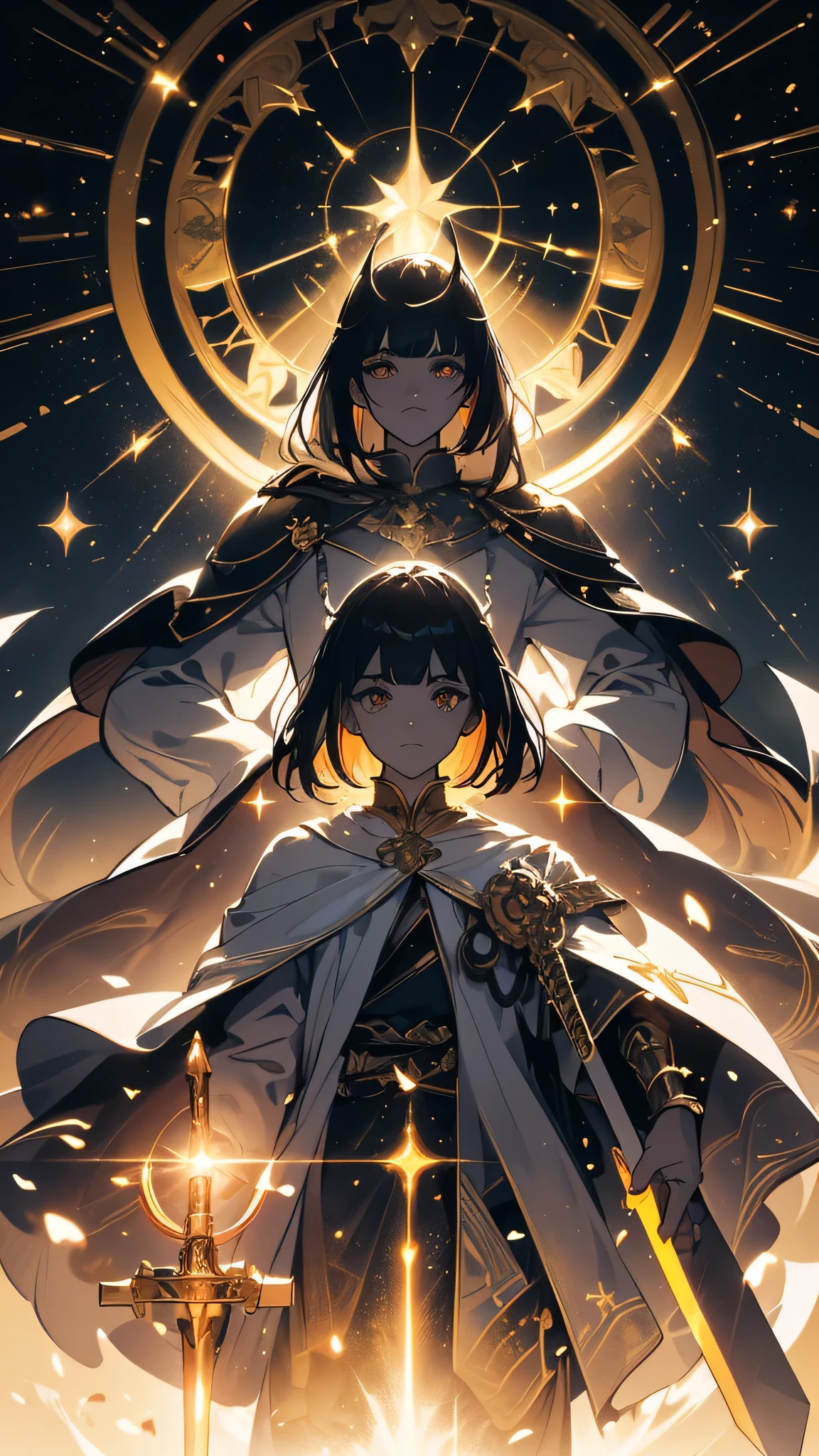 ability user, magic user, celestial, stars, moon, illuminated golden eyes, golden eyes, bright golden eyes, brown hair, long hair, long white cape, and golden robes, black gloves, high collar with golden button, holding a weapon, holding a sword, ((( setting with sword mounts, low light and leaks))), {extremely detailed 16k CG unit wallpaper}, expansive landscape photography, (a view from below with focus on character and setting), ( wide open field view), (low angle shot), (high light: 1.2), (low light: 1.8), (warm light source: 1.2), complex details, (iridescent colors: 1.5), (bright lighting ), (atmospheric lighting), dreamy, unique,
