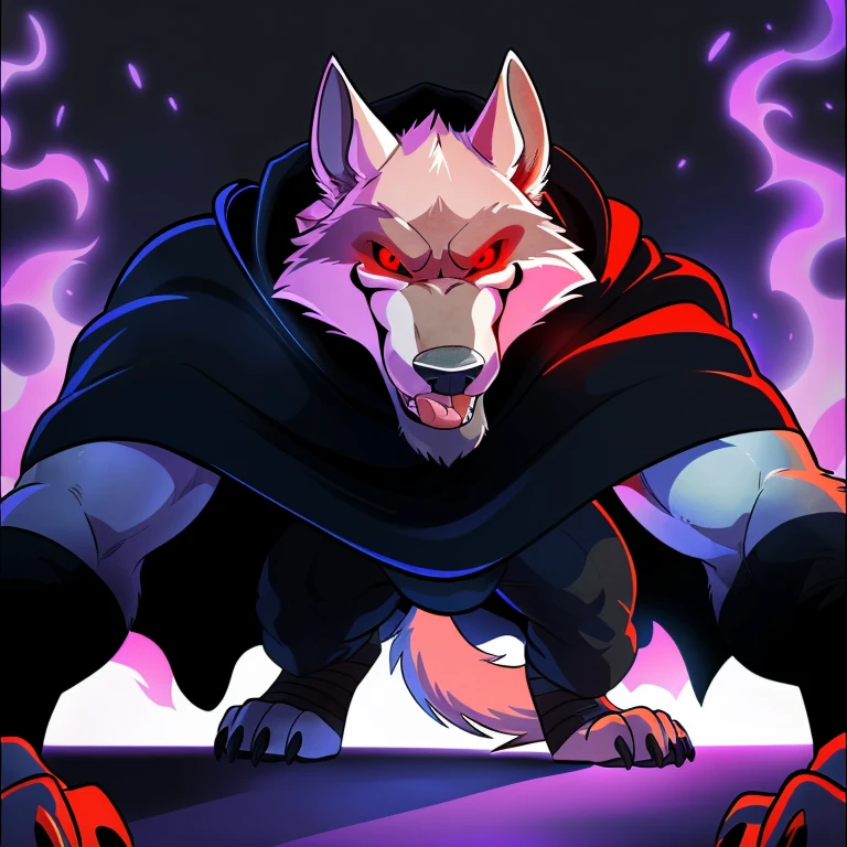 deathwolf, 4k, high resolution, best quality, posted on e621, solo, anthro body, male, adult, very masculine, (very muscular, defined muscles:1.1), (no background, black background, framed by purple fire, stylized background:1.2), (by wfa:1.0), (by negger:1.0), (detailed eyes, red eyes, evil eyes, looking at camera:1.1), (cel shaded:1.2), cartoony shading, serious eyes, open mouth, tongue out, smile, (on all fours, crawling towards camera:1.1), (black pants, black cloak, black poncho, flowing cloak:1.2), belt, (dramatic lighting, glow, darkness:1.4),