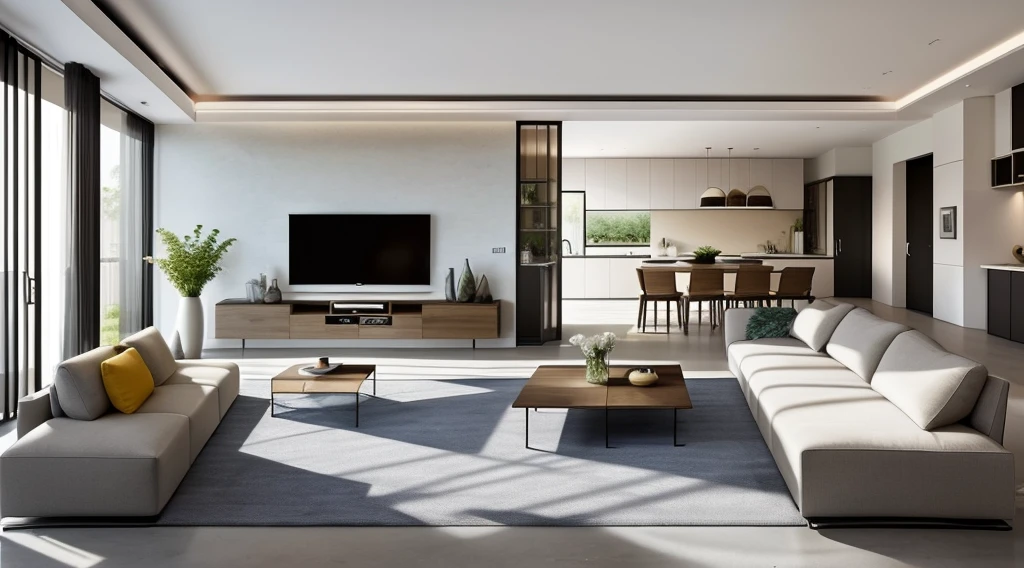 living room with Liaigre furniture style, designed similar to Yabu design company, showcasing the overall spatial layout, straight perspective, spacious and comfortable, modern minimalism, high-quality interior decorations……