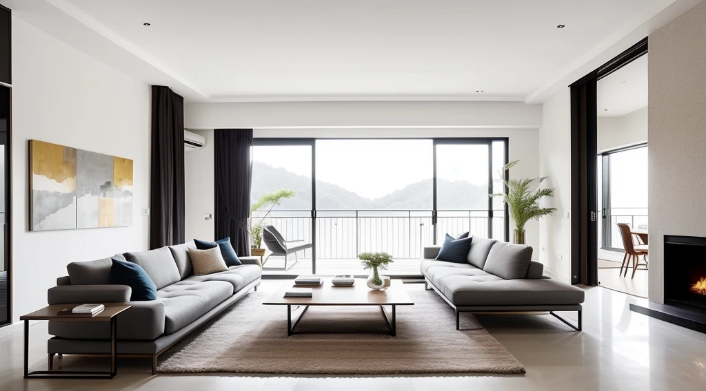 living room with Liaigre furniture style, designed similar to Yabu design company, showcasing the overall spatial layout, straight perspective, spacious and comfortable, modern minimalism, high-quality interior decorations……