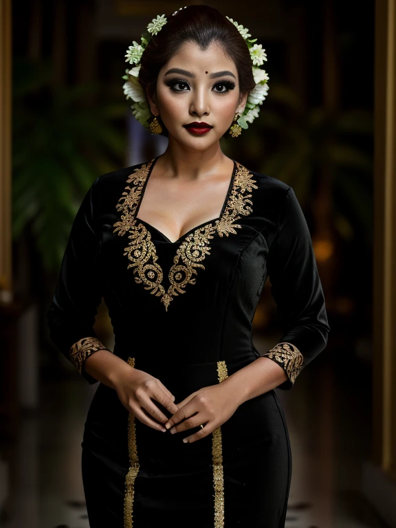 photography, woman, large breasts, cleavage,  portrait of java wedding woman in black long kebaya dress traditional, red lipstick, golden necklace, earrings, ornate, detail, flowers, full body,