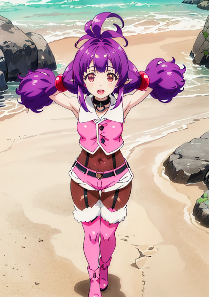 (short:1.4), (sherry:1.6), a woman on an island beach, (dynamic pose:1.4), official anime artwork, official artwork, anime moe artstyle, dreamy psychedelic anime, anime wallaper, anime visual of a cute girl, official art, fanart, masterpiece, best quality, high resolution, 8K, 4K, looking at viewer, large breasts, ass, smile edgYSD, collar, (dark brown leggings:1.5), (dark brown tights bodysuit:1.6), (purple hair:1.4), multiple ahoge, (dark red-gold eyes:1.2), gold eye accent, (hair_ornament:1.4), twin-tails, hair_tie, 1 girl, young female, beautiful finger, beautiful very long legs, beautiful body, beautiful nose, beautiful character design, perfect eyes, perfect face, expressive eyes, perfect lighting, shiny skin, nsfw, flushed skin, blushing face, lewd smile, slightly open mouth, gravure, pinup, very long legs, long thin pointy ears, (all visible leg skin covered by tights:1.2), (all visible stomach skin covered by tights bodysuit:1.4), (all visible hips skin covered by tights bodysuit:1.4), arms completely visible, (arms showing skin:1.2), japanese skin, (solid colors:1.4), lidded eyes, dark red-gold eyes, (pink short shorts:1.6), (pink sleeveless buttoned top:1.6), (pink outfit:1.2), (white trim:1.8), (white lapel:1.4), (thigh-high pink boots with white lapel:1.9), (black belt:1.2), (black garterbelts:1.8), (black garterbelts connecting boots to shorts:1.4), (boots pulled up by bootstraps:1.4), (bright sunny day on the beach:1.4), waves, almost clear skies, sunny, trees, island plants, seashells, shoreline, top of pink boots are long white folded fabric with the bootstrap connected to the white part of the boots going above them