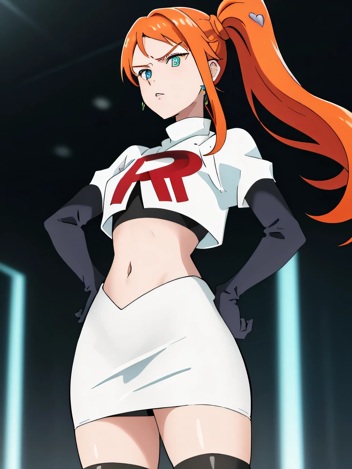 (best quality,4k,8k,highres,masterpiece:1.2),ultra-detailed,realistic,photorealistic:1.37, vibrant colors, studio lighting, bokeh, portrait,team rocket, team rocket uniform, red letter R,white skirt, white crop top, black thigh-high boots, black elbow gloves,zettai ryouiki,hands on hips,glaring angrily,anime style, vivid colors, sharp focus, intense lighting,1girl, solo ,sonia, side ponytail,orange hair, heart hair ornaments, aqua eyes ,glossy lips, earings 