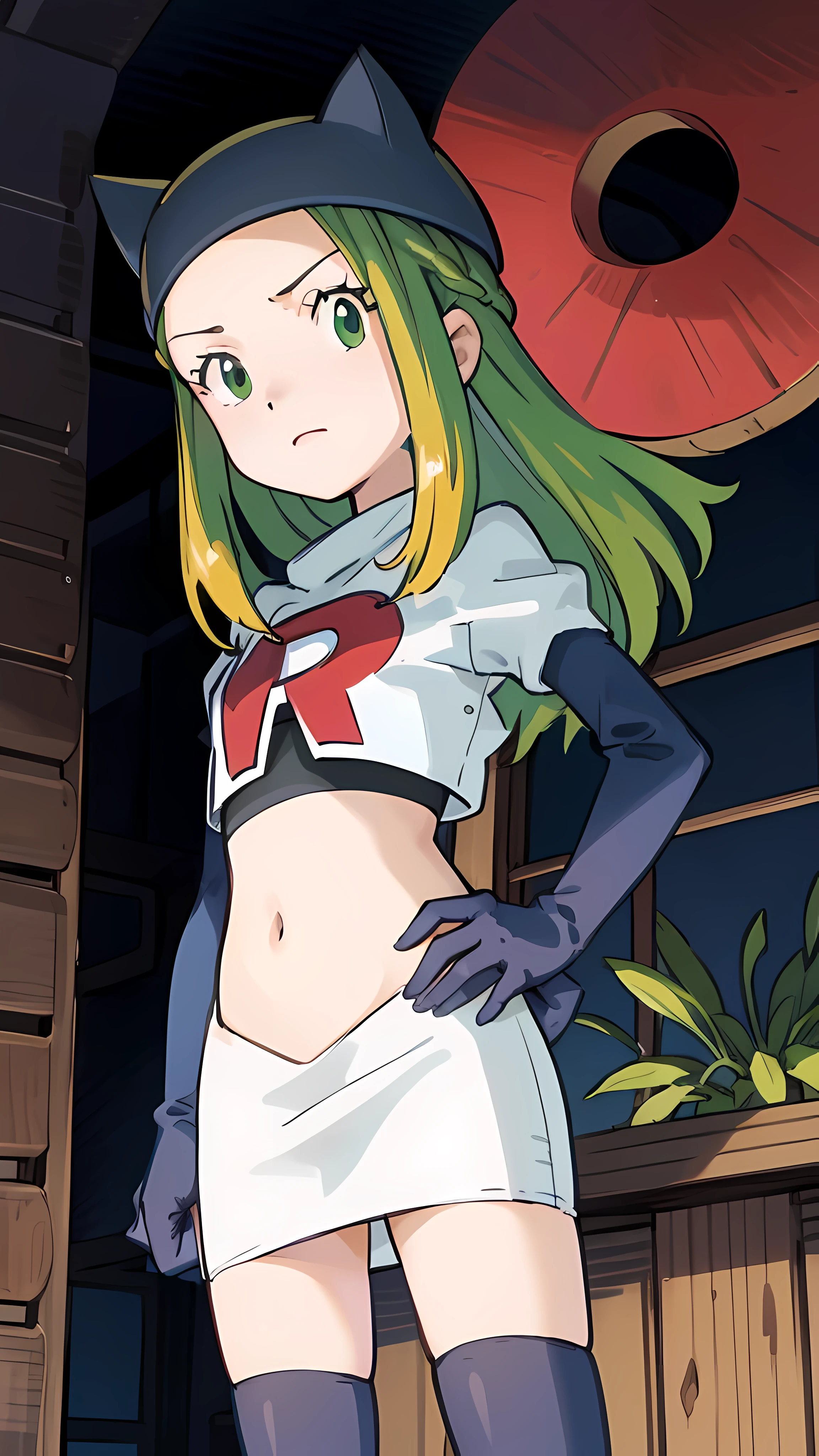 masterpiece, best quality, Izumi\(digimon\),hair over one eye, green eyes, long hair, 1girl, solo, team rocket,team rocket uniform, red letter R, white skirt,white crop top,black thigh-highs,black elbow gloves, cat hat, from below