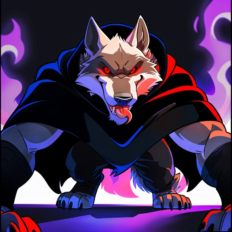deathwolf, 4k, high resolution, best quality, posted on e621, solo, anthro body, male, adult, very masculine, (very muscular, defined muscles:1.1), (no background, black background, framed by purple fire, stylized background:1.2), (by wfa:1.0), (by negger:1.0), (detailed eyes, red eyes, evil eyes, looking at camera:1.1), (cel shaded:1.2), cartoony shading, serious eyes, open mouth, long tongue out, smile, (on all fours, crawling towards camera:1.1), (black pants, black cloak, black poncho, flowing cloak:1.2), belt, (dramatic lighting, glow, darkness:1.4),