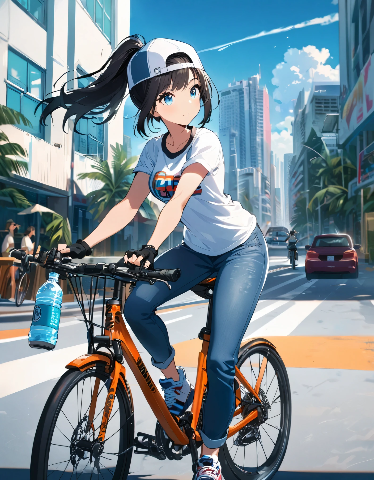 a girl rides a bicycle, dolphin shorts, Complex stone structures in a futuristic city