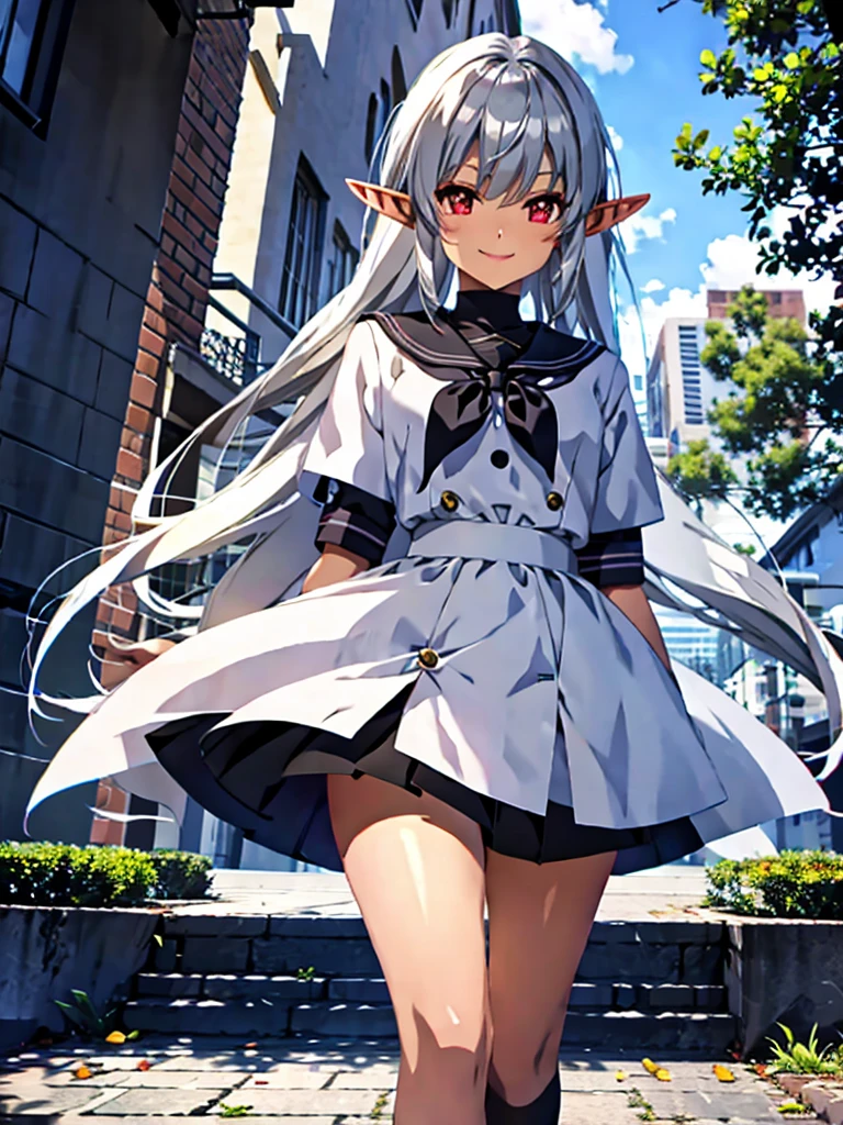 An elf woman, very dark tanned skin, beautiful silver hair, tied back, pointed ears, beautiful red eyes, pink lips, looking at the viewer, shy face, cheerful smile, masterpiece , short-sleeved sailor uniform, knee-length navy blue skirt, black socks, shoes, cute pose,