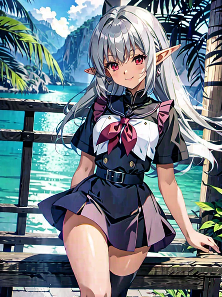 An elf woman, very dark tanned skin, beautiful silver hair, tied back, pointed ears, beautiful red eyes, pink lips, looking at the viewer, shy face, cheerful smile, masterpiece , short-sleeved sailor uniform, knee-length navy blue skirt, black socks, shoes, cute pose,