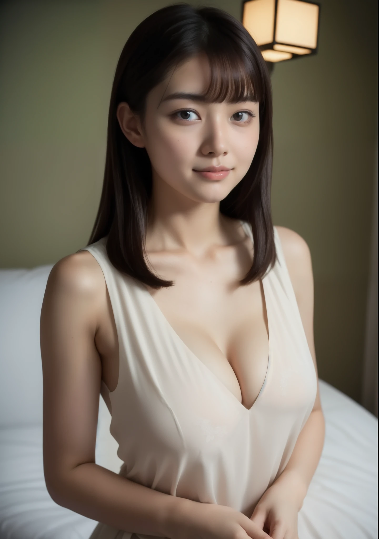 Beautiful 15 year old Japanese woman。 she is wearing a sleeveless blouse. She looks ecstatic as if she had an orgasm during fuck on the bed。her dark brown hair. High resolution、masterpiece、highest quality、頭w:1.0、((Hasselblad Photos))、fine skin、(movie lighting)、clavicle . full body picture.
