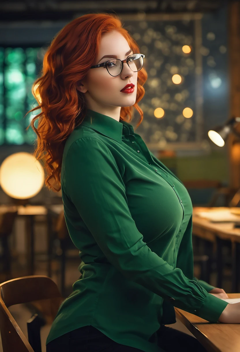 As the camera pans around the classroom, the magical bokeh of the lights creates a dreamlike atmosphere. In the center of the room is a nerdy goddess with red hair., full lips and green eyes, ela veste uma camisa com um decote generoso, drawing attention to your large breasts, adding a touch of mystery to its already intriguing presence. its intricate details adding to the overall cinematic feel of the scene