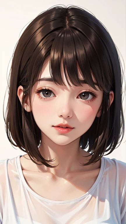 Blushing lightly and smiling, (Top quality masterpiece:1.2) Delicate illustrations, Very detailed, /Beautiful woman Japan in her 30s、1 person,Very cute and slim、Excellent style 、((8K images、super high quality))、Very delicate face, Skin and Hair、beautiful forehead、Red lipstick,(((((Shortcuts、Gradient Hair、Brown Hair))))),Very cute Japanese cut face、Eyes and nose are clearly visible、Kind eyes,(((White tight T-shirt、See-through underwear)))、Night view