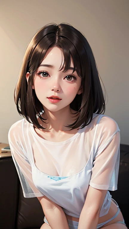 Blushing lightly and smiling, (Top quality masterpiece:1.2) Delicate illustrations, Very detailed, /Beautiful woman Japan in her 30s、1 person,Very cute and slim、Excellent style 、((8K images、super high quality))、Very delicate face, Skin and Hair、beautiful forehead、Red lipstick,(((((Shortcuts、Gradient Hair、Brown Hair))))),Very cute Japanese cut face、Eyes and nose are clearly visible、Kind eyes,(((White tight T-shirt、See-through underwear)))、Night view