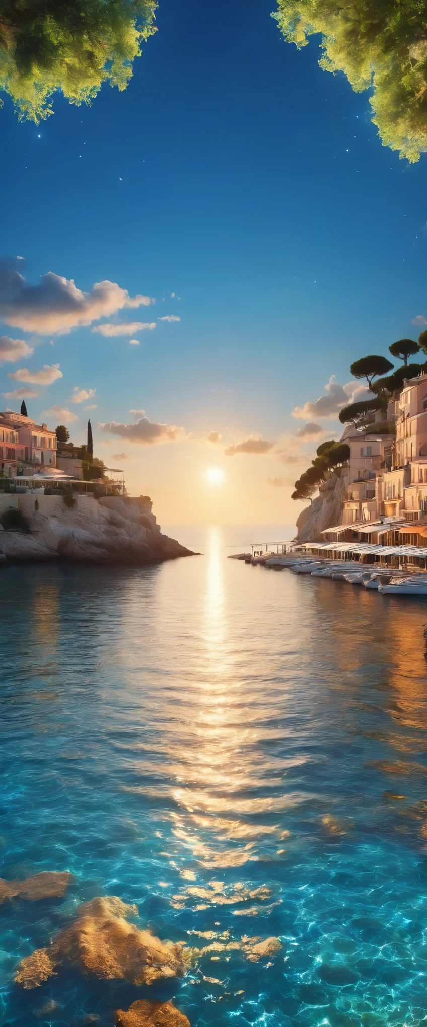 Cote d&#39;Azur:South of France:A coastline known as a scenic resort,Resort scenery,holiday,美しい風景photograph,Fantasy,Dreamy,Beautiful sea,高品質でwonderful家具:Designer furniture,A beautiful sky spreads out,dream-like,summer,cloud,Sky blue,Marine blue,wonderful景色が広がる,Luxury Resorts,Extravagant space,Soft mouth cap,Surrounded by abundant nature,Highestの時間をあなたに,Highest品質,photograph,Structurally correct,Perfect composition,広告用に撮影されたphotograph,Beautiful light and shadow,Photographed by a professional photographer,Highestのリゾート地に選ばれた,Rich colors,Cast colorful spells,detailed,wonderful,wonderful,South of France,Light effects,Glitter,reflection,night,night空,star,Highest