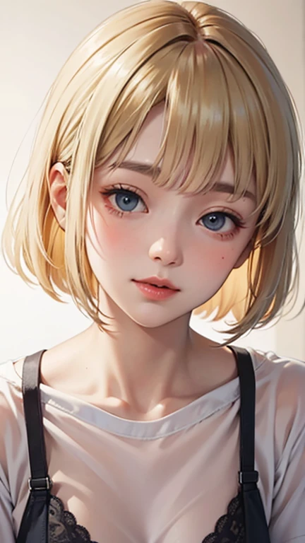 Blushing lightly and smiling, (Top quality masterpiece:1.2) Delicate illustrations, Very detailed, /Beautiful woman Japan in her 30s、1 person,Very cute and slim、Excellent style 、((8K images、super high quality))、Very delicate face, Skin and Hair、beautiful forehead、Red lipstick,(((((Shortcuts、Gradient Hair、Blonde))))),Very cute Japanese cut face、Eyes and nose are clearly visible、Kind eyes,(((White tight T-shirt、See-through underwear)))、Night view