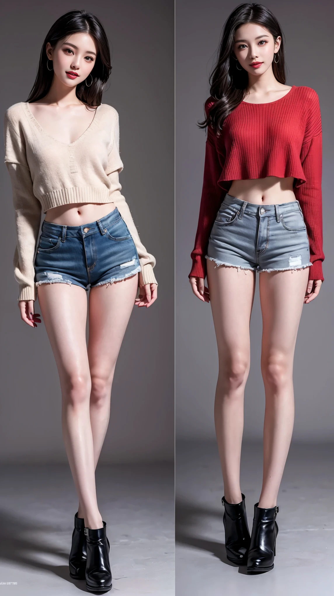 highest quality,masterpiece,Ultra-high resolution,Original photo,Ultra-high resolution,Beautiful woman 25 years old woman'Fashion that was popular in the 1990s,Long legs:1.5,Shorts,Full Body,Flashy makeup using red eyeshadow,Big smile,Short cut with subtle side waves,Gray background,