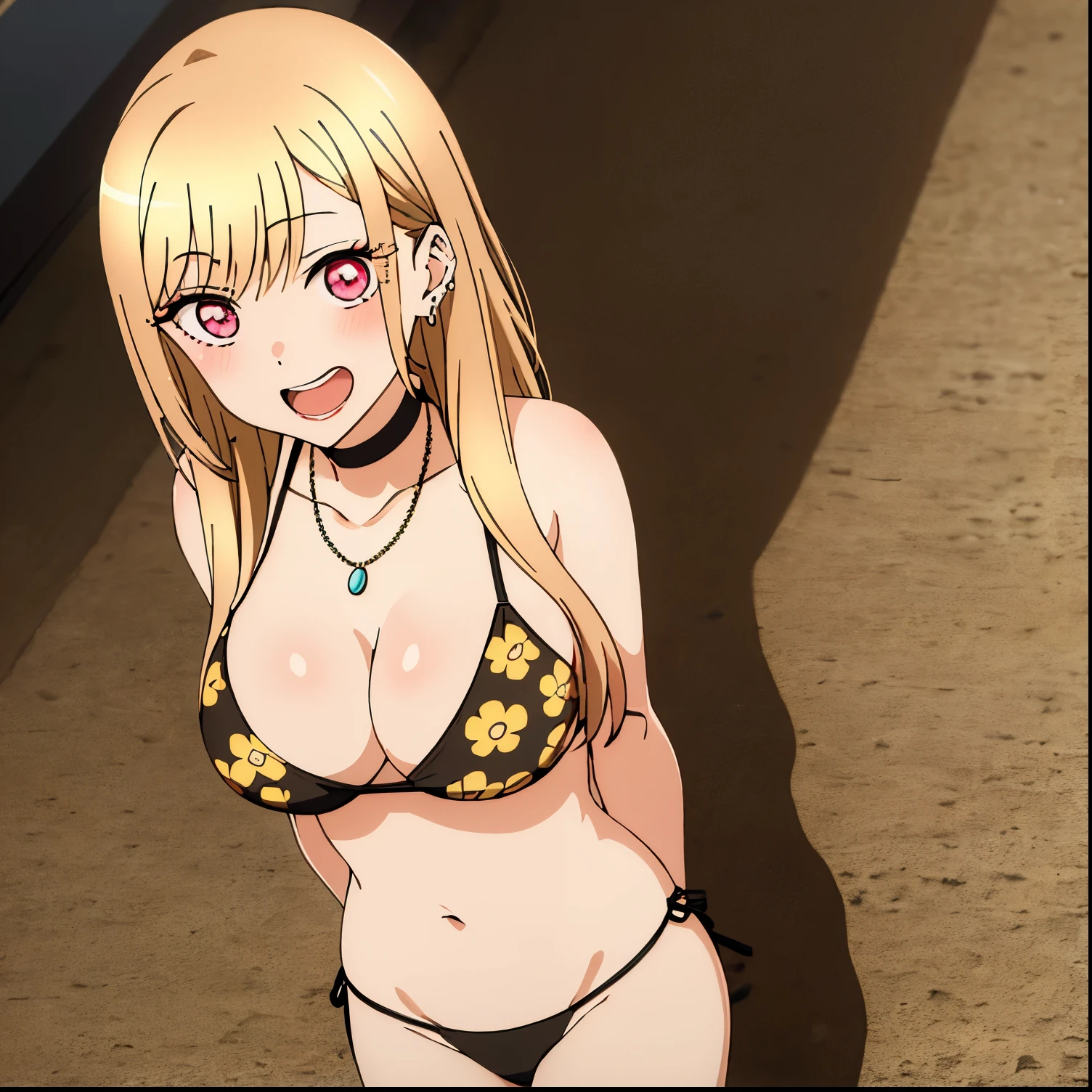 1girl, alone, Marin Kitagawa, long hair, blonde hair, pink tips, pink eyes, open mouth, embarrassed, seductive, smiling, open mouth, sexy posture, earrings in her ears, necklace around her neck, blue bracelet in her hand left, bracelet with red balls on her right hand, pink lipstick, right hand holding hip, black bikini, black bra, black string thong, Print, floral print, light yellow flower print, lying on the sand, Beach, Sea, Lighthouse on the coast, sunny, sunset, good lighting, large breasts, medium waist, medium hips, wide thighs, painted nails, good body anatomy, perfect hands