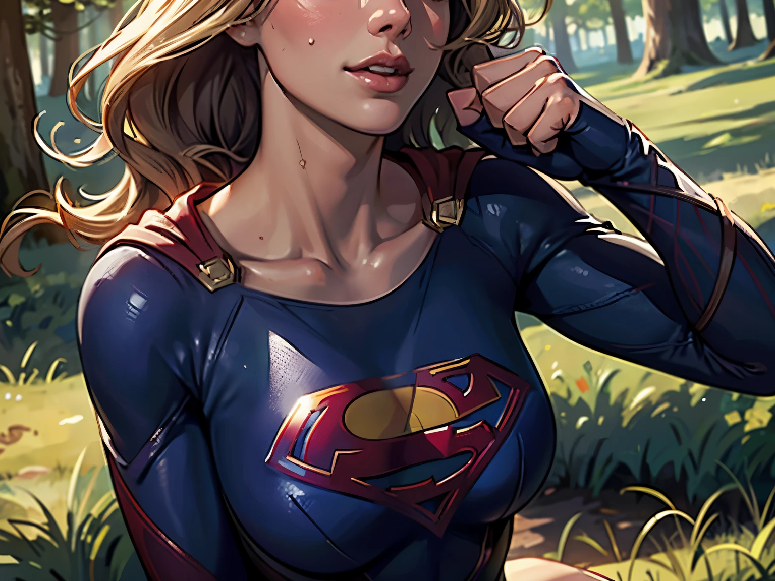 ((highest quality)), ((masterpiece)), (be familiar with), (High definition), (Realistic), (Realistic), (Best Shadow), Low contrast, (Complex:1.4), Side lighting, 8K, ((melissa Benoist)), ((SUPER GIRL)), Perfect Face、Detailed、(Accurate hand and finger depiction)、supergirl women、Blonde、Voluptuous body、Large Breasts、Narrow waist、Big Ass、Alluring、glamorous、(Action Scenes)、((Punching an enemy:1.2))、sweating、On the grass、in the deep forest、blue sky、((Upper body close-up:1.2))