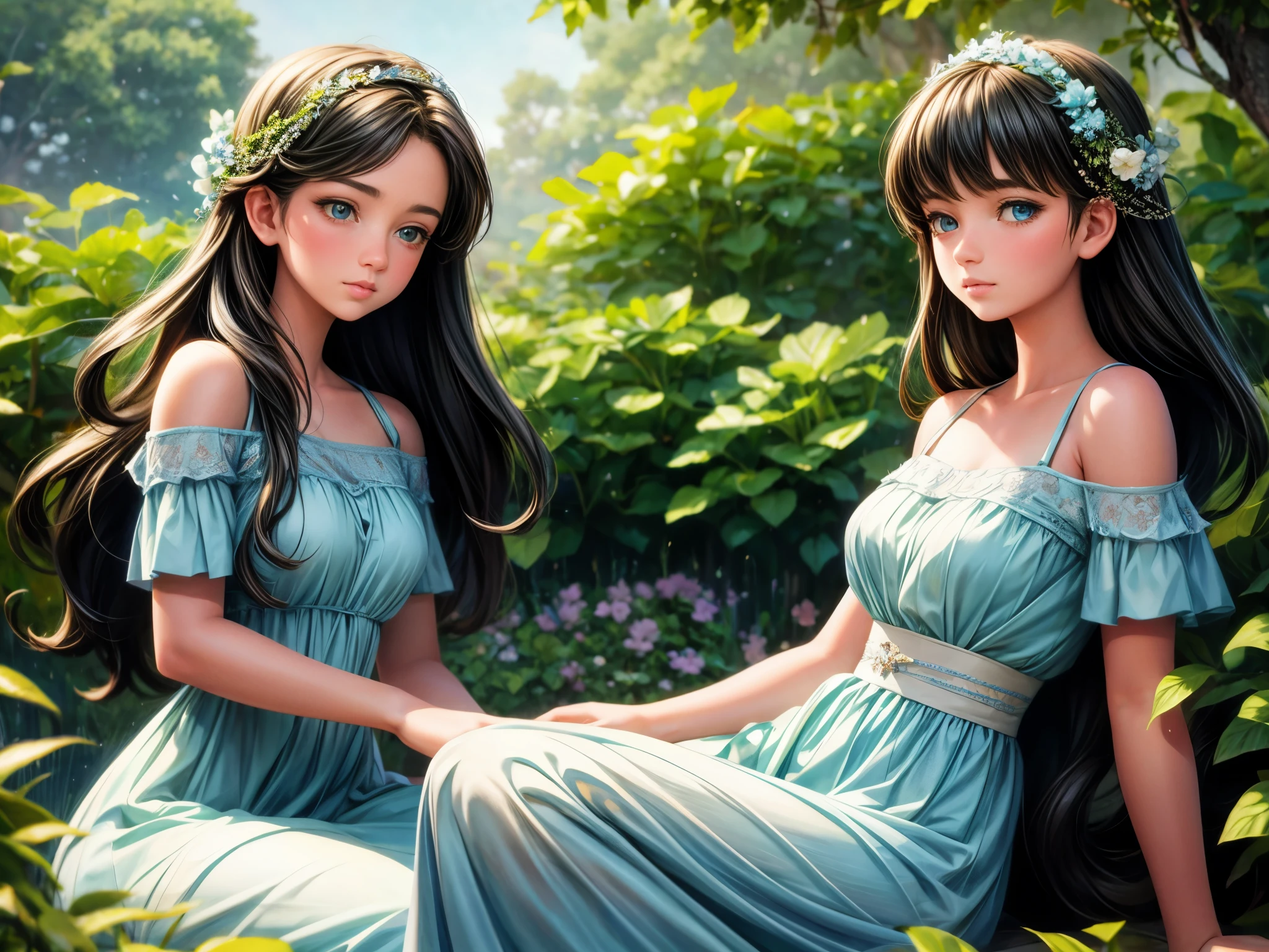 highest quality,ultra-detailed,realistic,photorealistic:1.37,soft lighting,blue moment,portrait,beautiful detailed eyes,detailed lips,serene expression,girl in a garden,flowing hair,botanical background,subtle color palette,ethereal atmosphere,painting style,delicate brushwork,naturalistic shadows and highlights,elegant posture,harmonious composition,lush greenery,gentle breeze,summer dress,floral accessories,vivid colors,subtle bokeh,peaceful ambience