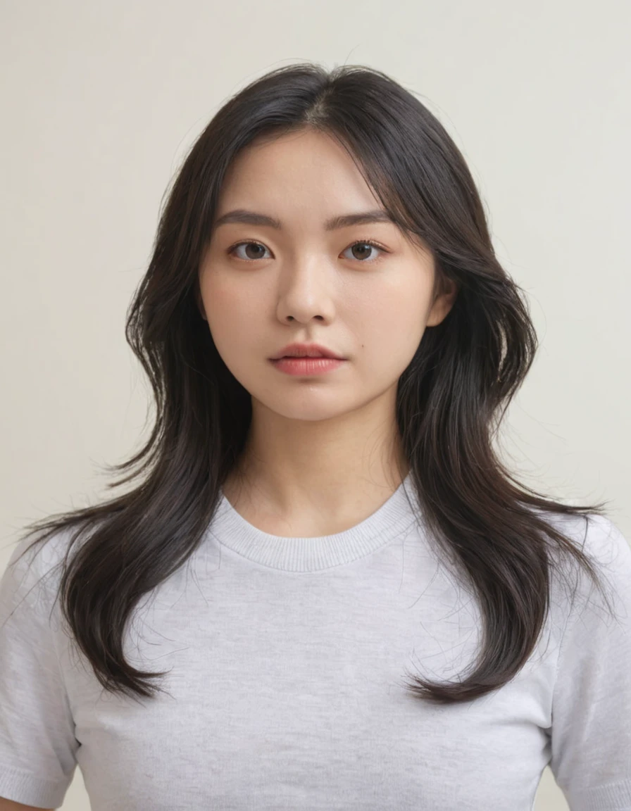 Best Quality, 8k, Masterpiece, (Portrait: 1.3), (photo realistic:1.4), (hyper realistic:1.4), Sharp Focus, looking at viewer, (smoother lighting:1.1), (increase cinematic lighting quality:0.9), realistic lighting, backlighting, light on face, ray trace, (brightening light:1.2), (Increase quality:1.4), sharp detail, (best quality real texture skin:1.4), finely detailed eyes, black_eyes, finely detailed face, 25 year old Korean woman, (white formal_shirt:1.4), (Create an image maintaining the original base model hairstyle:1.5)