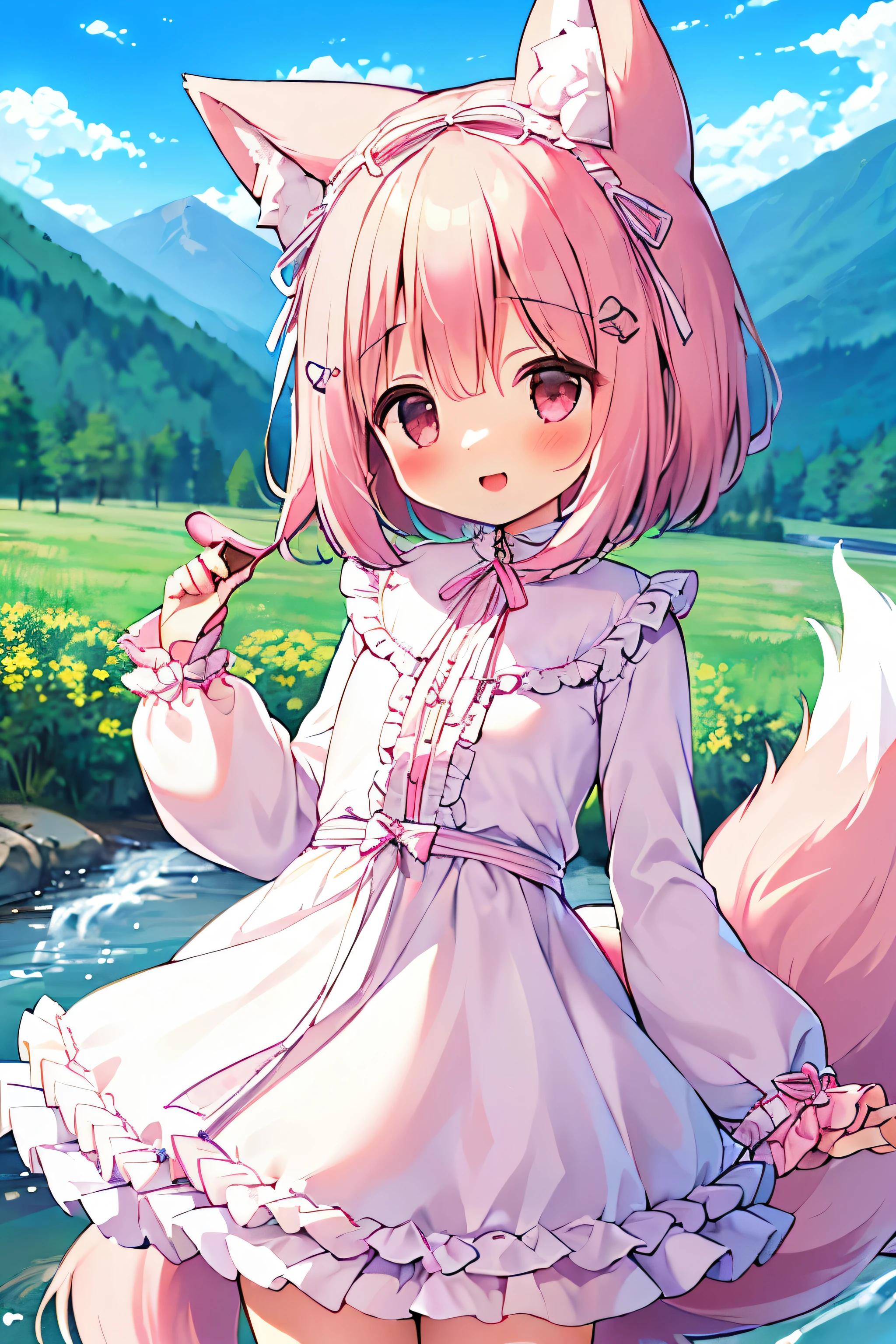 (((masterpiece))), (((最high quality))), (((high quality))), (((beautiful))), (((8k))), (((High resolution)) (((超High resolution))), (((High resolution))), (((Superb illustrations))), (Pink Short Hair:1.3), (Pink fox tail:1.4), (Pink fox tail:1.2), Pink fox ears, (Pink Eyes), (super small breasts:1.5), (Ultra-flat chest:1.4), (Cowboy Shot:1.3), (Cowboy Shot:1.4), (laughing:1.3),  (White long sleeve blouse:1.4), (White Skirt:1.4), (frills and ribbons:1.5), (In the mountains:1.3), (stream:1.5)