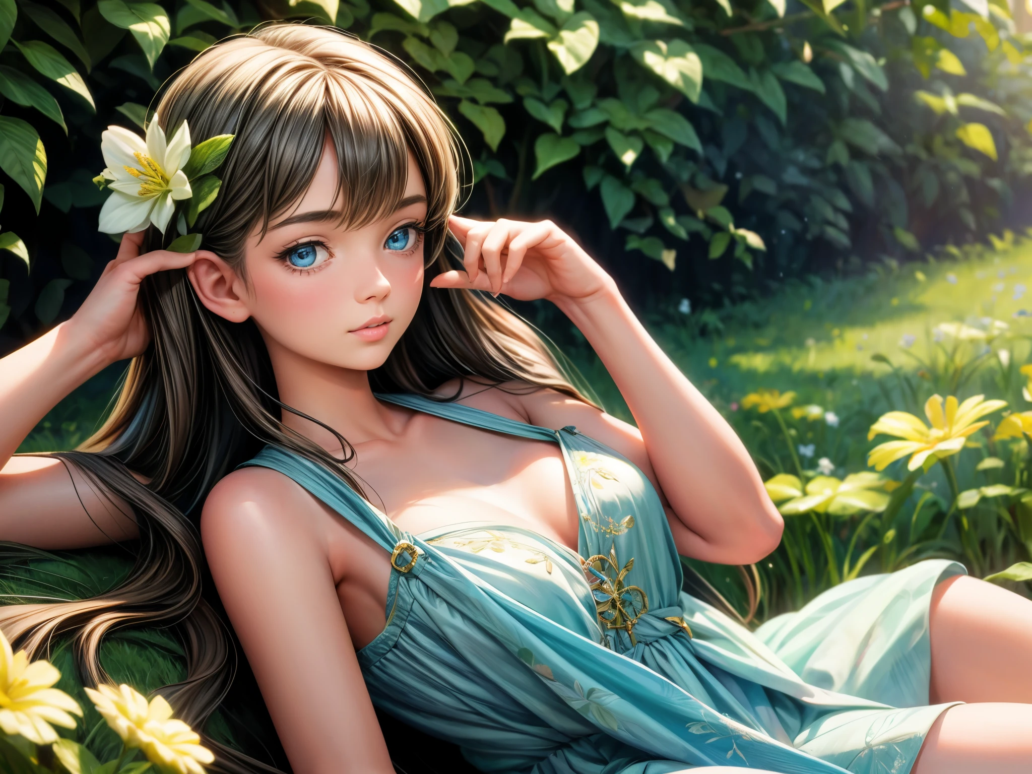 highest quality,ultra-detailed,realistic,photorealistic:1.37,soft lighting,blue moment,portrait,beautiful detailed eyes,detailed lips,serene expression,girl in a garden,flowing hair,botanical background,subtle color palette,ethereal atmosphere,painting style,delicate brushwork,naturalistic shadows and highlights,elegant posture,harmonious composition,lush greenery,gentle breeze,summer dress,floral accessories,vivid colors,subtle bokeh,peaceful ambience